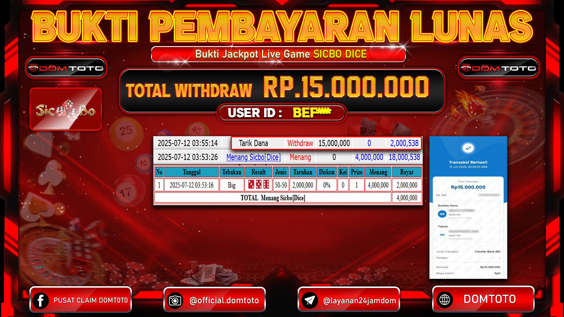 JACKPOT LIVEGAMES SICBO DICE 12  JULI 2025